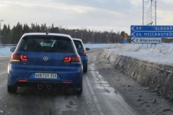 In the 2012 Volkswagen Golf R, on the way to VW's test facility near Arjeplog