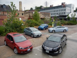 2013 Mazda CX-5 (SkyActiv-G), 2012 Hyundai Sonata Hybrid (Li-ion battery), 2012 Volkswagen Golf TDI (Clean Diesel), 2012 Toyota Prius (Hybrid, NiMH battery), 2012 Chevrolet Volt (range-extended electric car) 